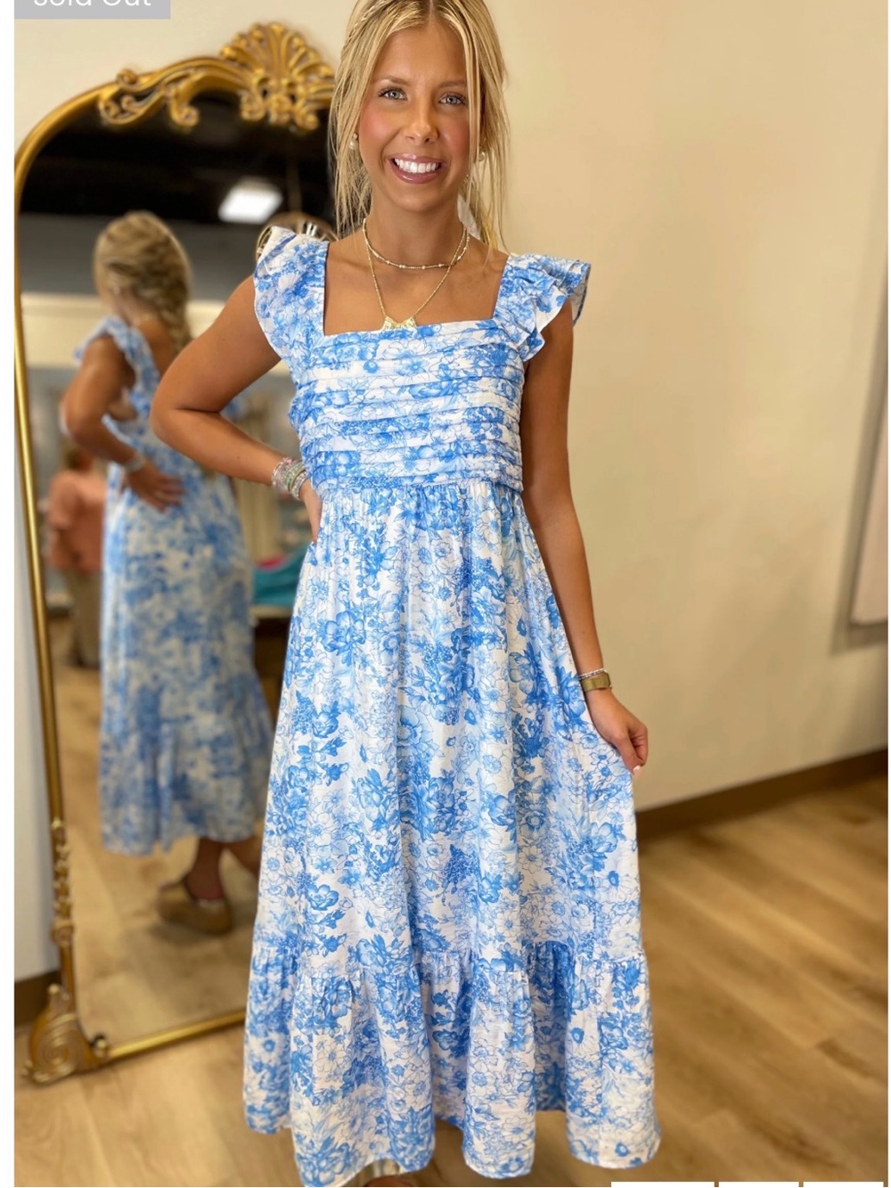 Blu Pepper Blue Toile Smocked Midi Dress